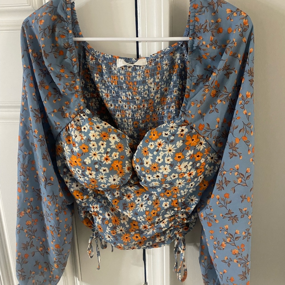 Chic Floral Women's Blouse in Blue and Orange